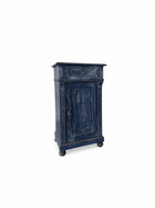 Vintage Swedish nightstand with a single drawer over a fluted-panel cabinet door and bun feet, in a distressed midnight-blue patina