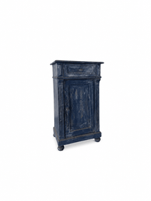 Vintage Swedish nightstand with a single drawer over a fluted-panel cabinet door and bun feet, in a distressed midnight-blue patina